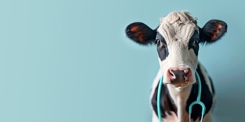 Portrait of a cow with a stethoscope on a blue background. Concept of veterinary medicine. - obrazy, fototapety, plakaty