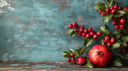  A red apple rests atop a weathered wooden table Nearby, a branch displays vibrant leaves and plump red berries - obrazy, fototapety, plakaty