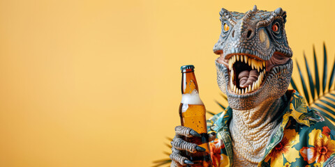 Obraz premium Funny portrait of a brutal dinosaur in a summer Hawaiian shirt with a bottle of beer on a yellow background with space for text.