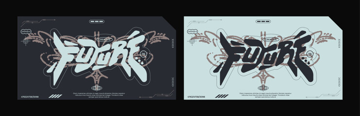 Futuristic y2k technology frame for design business cards. HUD frames in sci-fi style, GUI, FUI.Modern cyber user interface elements. Pixel characters, system notifications	