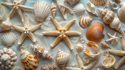 Poster of a starfish and seashells sandy beige ocean blue background. Family Holiday travel