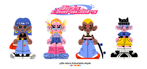 Retro cartoon girl character in Y2K style. Cyber girls with stars for 90s design. Collection of vector funky futuristic objects	
