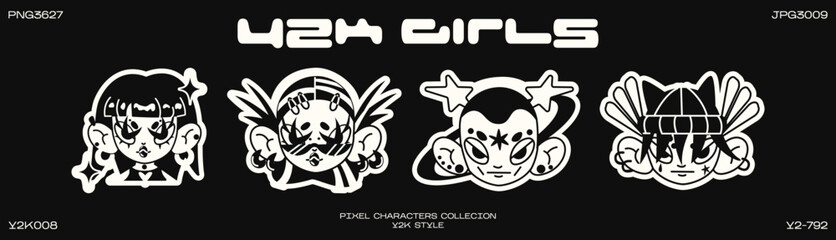 Retro cartoon girls heads characters in the y2k style. Cyber ​​Girls with stars for 90s design. Collection  vector cartoon futuristic objects