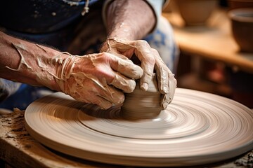 A person shaping a vase on a potters wheel, molding the clay with steady hands and precise movements. Generative AI