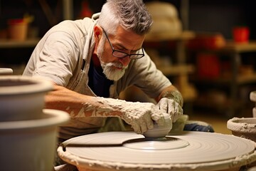 A man is skillfully working on a pottery wheel in a pottery shop, shaping clay into a new creation. Generative AI