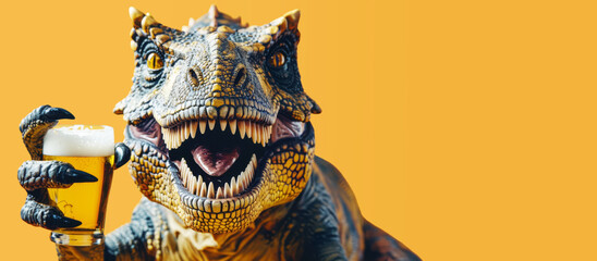 Funny portrait of brutal dinosaur with a glass of beer on yellow background with space for text....