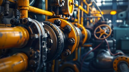 Low key photo of hydraulic pipes maintenance on heavy industry machine in a garage