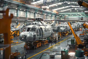 Industrial Hangar Facility with Helicopters Under Maintenance and Assembly for army.