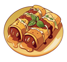 Illustration of delicious enchiladas topped with sauce and garnished with herbs, a classic mexican street food
