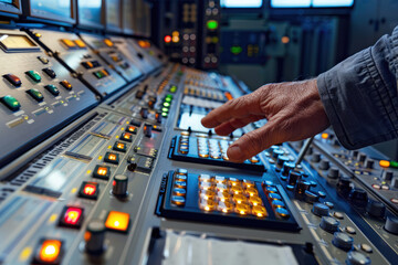 A male hand is reaching for a control on a complex control room station