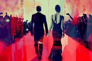 A stylized illustration of a celebrity couple walking on the red carpet, surrounded by paparazzi and fans.