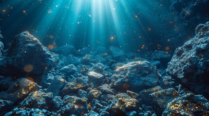   Underwater rocks with sunlight penetrating from above, illuminating their surfaces while the waters beneath remain shaded - obrazy, fototapety, plakaty