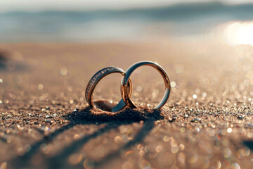 Golden wedding rings linked together on a sandy beach, with the sun setting over the sea in the background.