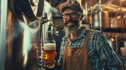 Smiling owner brewmaster in craft brewery with stainless fermentation tanks, beer industry.