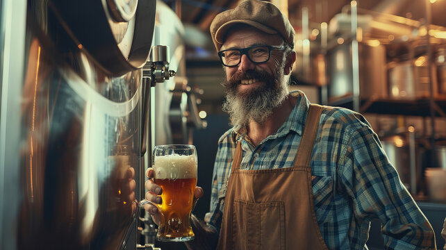 Smiling owner brewmaster in craft brewery with stainless fermentation tanks, beer industry.