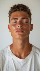 Obraz premium Young man with freckles, eyes closed, in white t-shirt against a neutral background, seemingly in a peaceful or meditative state.