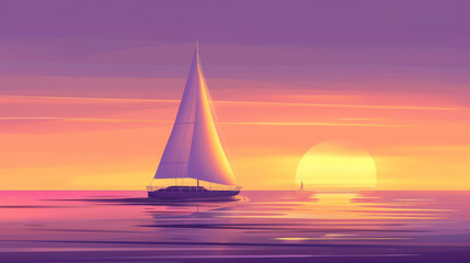 Fototapeta premium Sunset sailboat, horizon gradient purple and gold. Yacht cruising Serenity relaxation