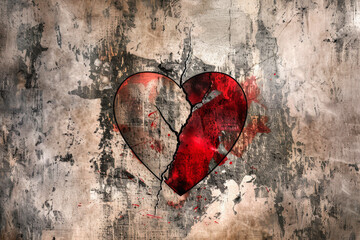 A vivid red broken heart against a grunge concrete background, depicting pain and heartbreak