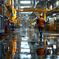 A man in a yellow vest walks through a factory. The scene is industrial and the man is wearing a hard hat
