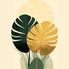 two tropical leaf printed on a beige background, in the style of graphic design-inspired illustrations, Stylized illustration of tropical leaves with a golden sun backdrop
