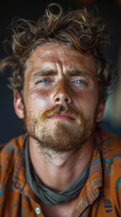 Obraz premium Close-up of a sun-kissed man with tousled hair and a mustache, wearing an orange patterned shirt and a neckerchief.