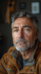 A contemplative middle-aged man with greying beard, blue eyes, wearing a brown leather jacket, indoors with a serious gaze.