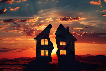 A surreal image of two halves of a house against a sunset, symbolizing division or separation