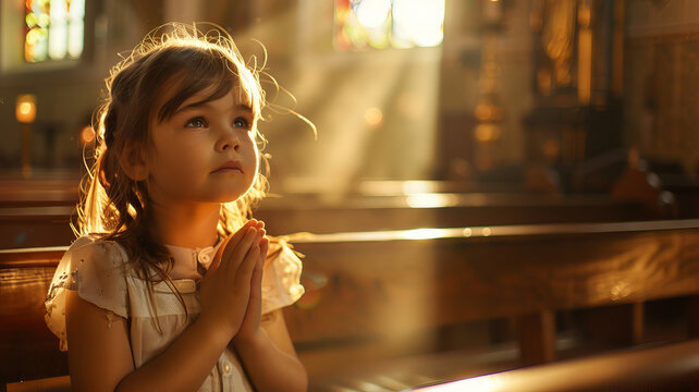 Young baby girl pray in church Christian life crisis prayer to god. Children Hands praying to god with bible on sunlight glare.