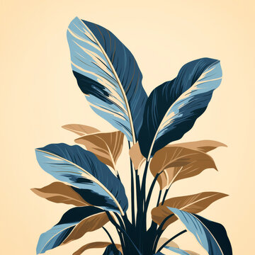 minimalist screenprint of calathea plant leaves beige background with blue and brown accents. Illustration of a decorative plant with blue and brown leaves on a pale background.