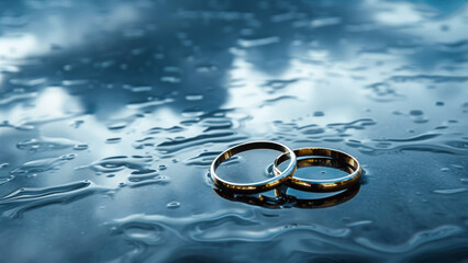 Close-up of two golden wedding rings lying on a wet surface, reflecting the surrounding light.