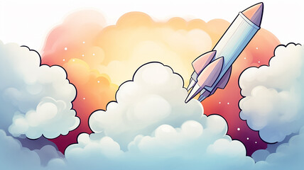 Rocket flies in multicolored clouds, watercolor background postcard