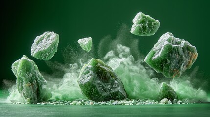   A cluster of stones coated in verdant and white powder against a lush green backdrop, with a droplet of water atop them - obrazy, fototapety, plakaty