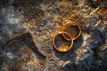 Two golden wedding rings on a textured rock during sunset, casting warm light and shadows.