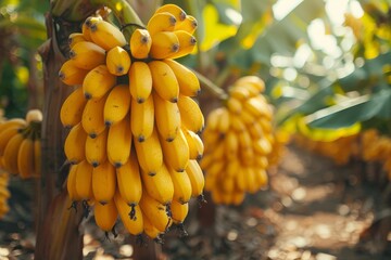 Naklejka premium Banana Tree with Fruit: Cluster of bananas hanging from the tree. 
