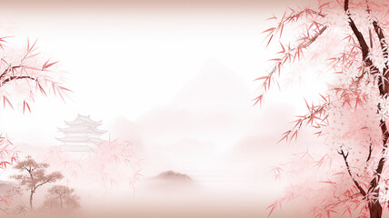 Peaceful traditional Asian landscape in watercolor style