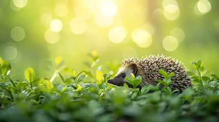 Fototapeta premium Funny hedgehog sitting in the green grass in the sunlight close-up