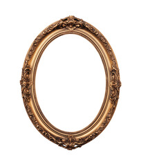 Ornate oval vintage picture frame with intricate floral designs, crafted in bronze tones, isolated on transparent background. Generative AI