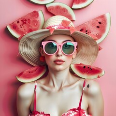 woman in hat with watermelon, A woman eating a piece of lemon in a cartoon style on watermelon background
