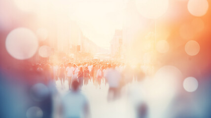 Fototapeta premium Crowds of different people walking down the street in bright sunlight, blurred background image