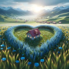 A small heart house on a wide field of grassland