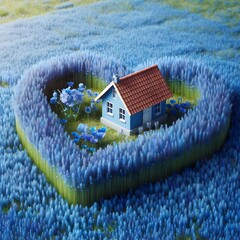 A small heart house on a wide field of grassland