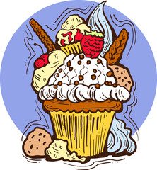 Sweet tasty dessert cupcake with cream and deco for morning breakfast in café or restaurant. Mini birthday cake for pleasure. Hand drawn retro vintage colorful vector illustration. Old style drawing.