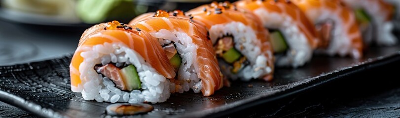 Sushi rolls with salmon, avocado and rice on a black plate in close-up photo.