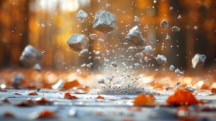   A tight shot of rocks submerged in water, spraying droplets onto a nearby surface, amidst a backdrop of a forest
