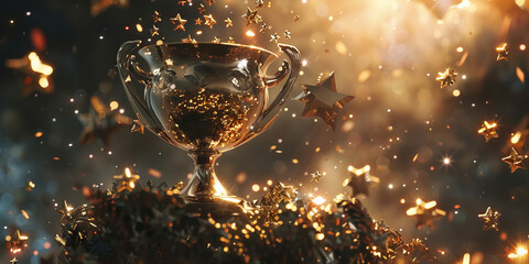 Champion golden trophy with gold stars on beauty shine background, winner banner.