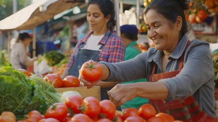 Fototapeta premium Harvest Happiness: A Woman's Bounty of Fresh Fruits and Vegetables from the Market