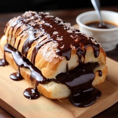 Chocolate eclair on a wooden board, coffee on the background.