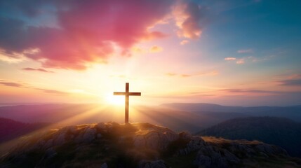 The crucifix symbol of Jesus on the mountain sunset sky background.
