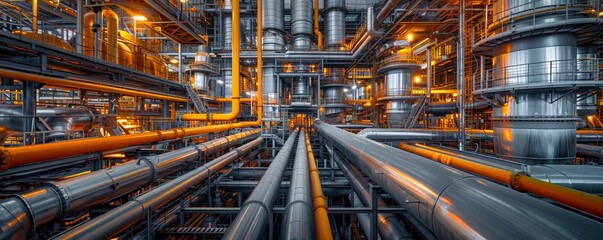 A large industrial plant with many pipes and valves. Concept of industrialization and complexity