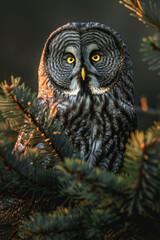 A large owl is standing in a tree with its head turned to the side